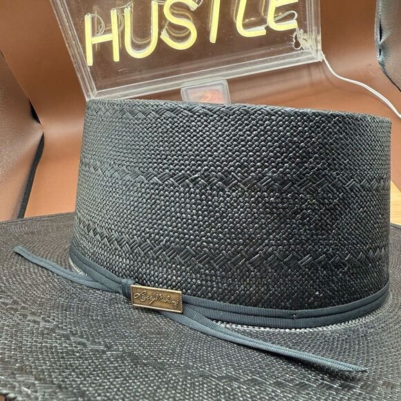 Larry Mahan Gambler Hat With Cord 6x Handwoven Shantung 7 Western Black USA - Picture 5 of 15